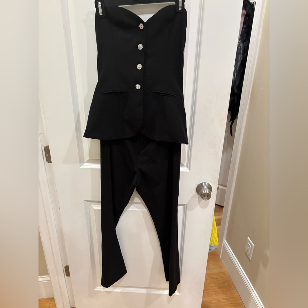 Black Strapless Jumpsuit with Decorative Buttons